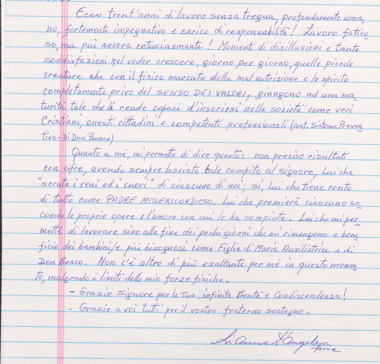 lettera scritta a mano da Suor Anna