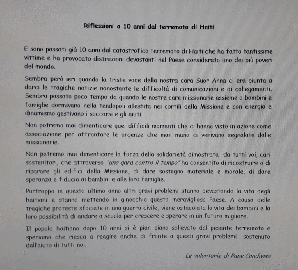Un pensiero a 10 anni dal terremoto di Haiti